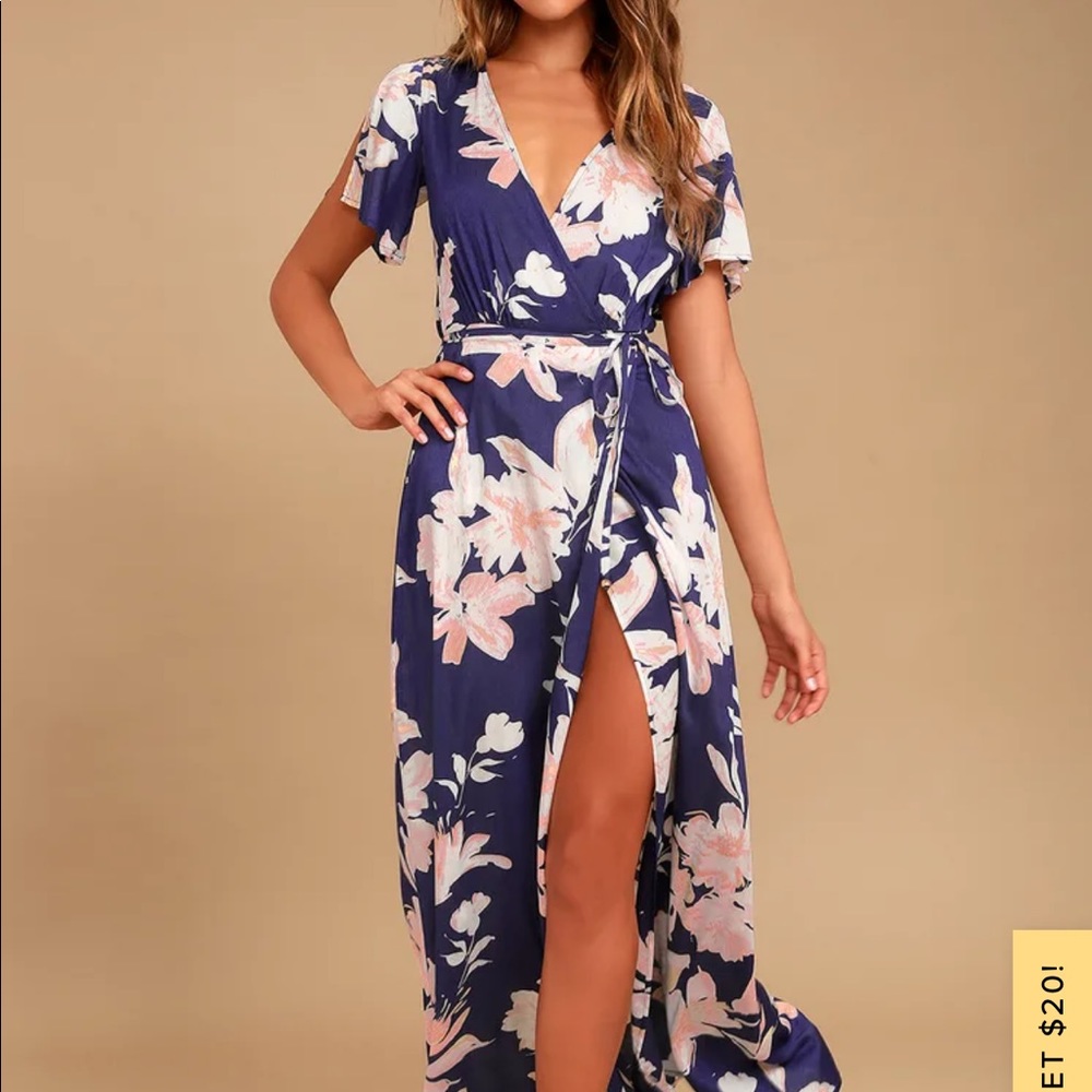 Lulu’s Azalea Regalia Navy Blue Floral Wrap Maxi Dress - M